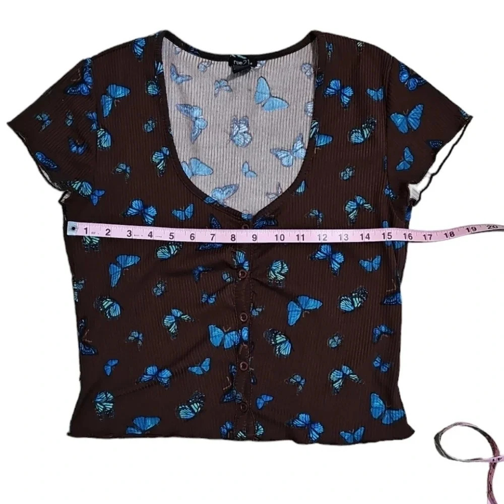 Rue 21 Womens L Blouse Brown Ribbed Butterfly Crop Top Iconic Essential Y2K - Picture 5 of 6
